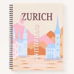 Zurich Travel Art, Switzerland, Retro Travel Art Notebook