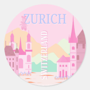 Zurich Travel Art, Switzerland Travel Art, Pink Classic Round Sticker