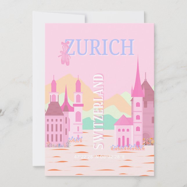 Zurich Travel Art, Switzerland Travel Art, Pink Holiday Card (Front)