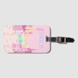 Zurich Travel Art, Switzerland Travel Art, Pink Luggage Tag