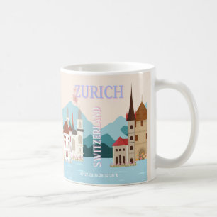 Zurich Travel Art, Switzerland Travel Art, Retro Coffee Mug