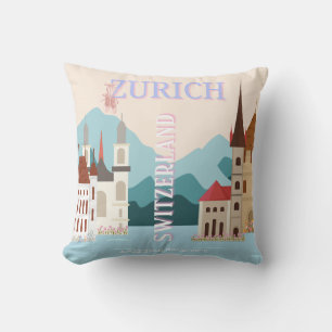 Zurich Travel Art, Switzerland Travel Art, Retro Cushion