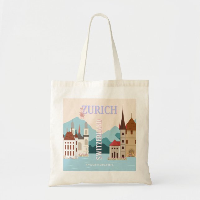 Zurich Travel Art, Switzerland Travel Art, Retro Tote Bag (Front)
