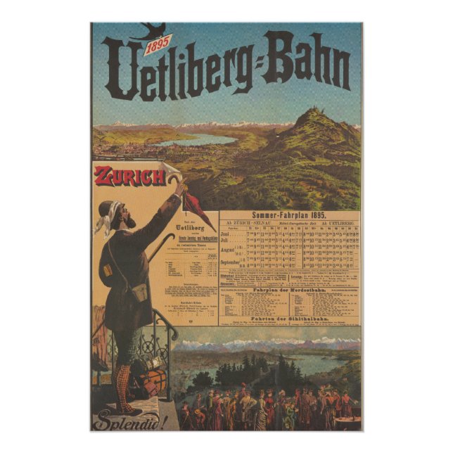 Zurich Uetliberg Timetable Vintage Swiss Travel Poster (Front)