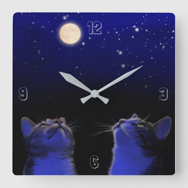 Zwei Katzen beobachten Mond und Sterne Square Wall Clock (Front)