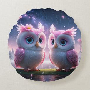 Zwei kleine Eulen in einer Traumwelt  Round Cushion