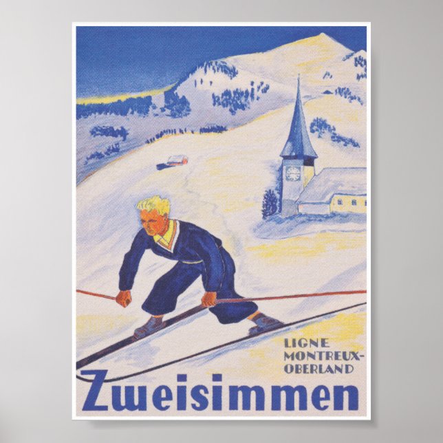Zweisimmen Switzerland Vintage Ski Travel Poster (Front)