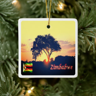 zZW018 ZIMBABWE, Hwange sunset, Africa, Ceramic Ornament